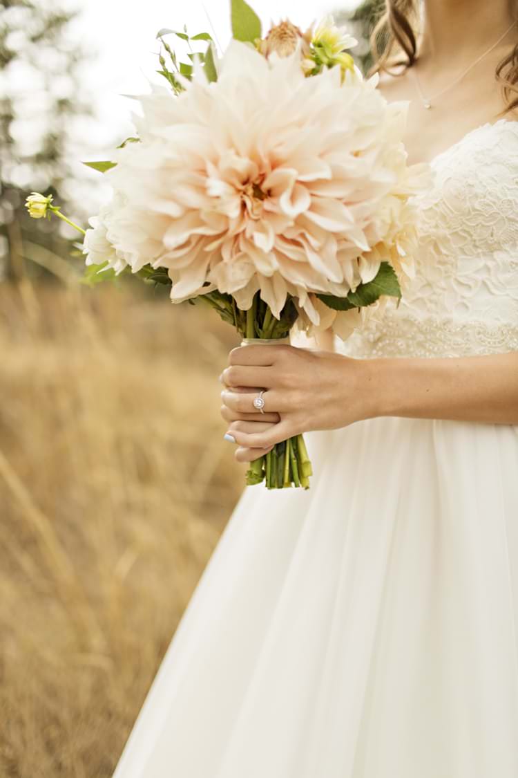 Peach Pink Dahlia Bouquet Engagement Ring Bride Strapless Sweetheart Bridal Gown Elegant Classic Outdoor Wedding Washington http://www.courtneybowlden.com/