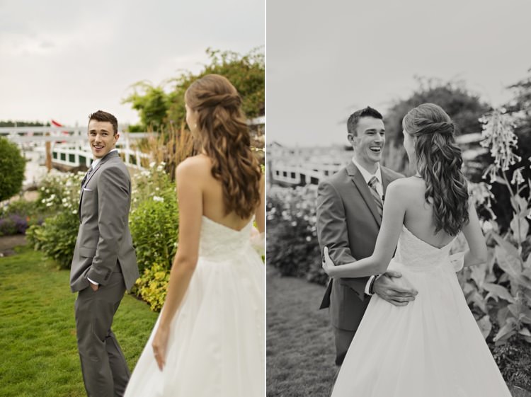 Bride Groom First Look Outdoors Strapless Sweetheart Bridal Gown Elegant Classic Outdoor Wedding Washington http://www.courtneybowlden.com/