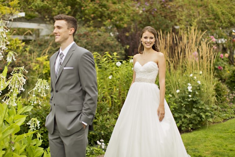 Bride Groom First Look Outdoors Strapless Sweetheart Bridal Gown Embellished Sash Grey Suit Grey Stripe Tie Elegant Classic Outdoor Wedding Washington http://www.courtneybowlden.com/