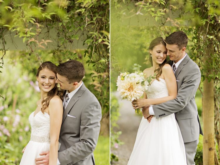 Bride Groom Outdoors Greenery Strapless Sweetheart Bridal Gown Peach Pink Dahlia Bouquet Grey Suit Elegant Classic Outdoor Wedding Washington http://www.courtneybowlden.com/