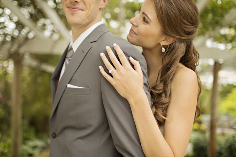 Bride Groom Grey Suit Grey Stripe Tie Round Engagement Ring Loose Curls Bridal Hairstyle Elegant Classic Outdoor Wedding Washington http://www.courtneybowlden.com/