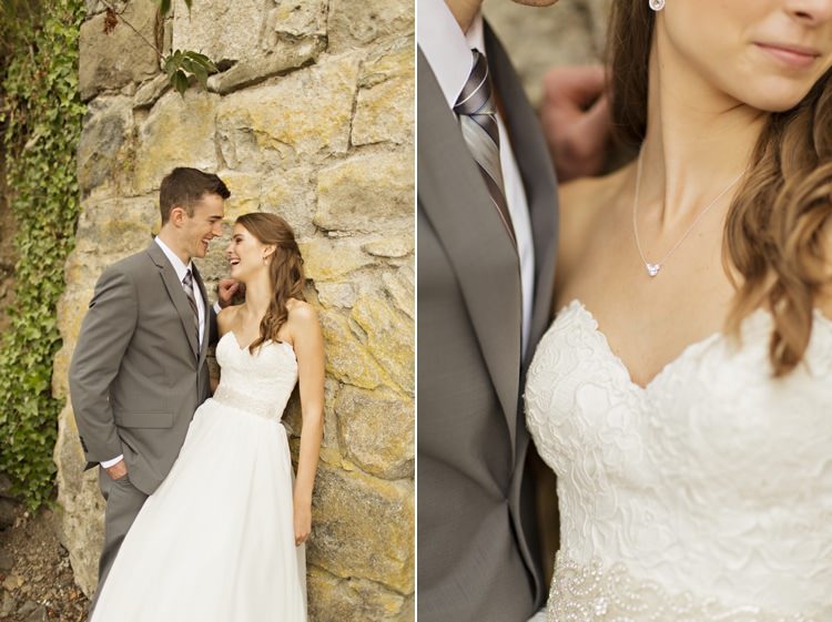 Bride Groom Strapless Sweetheart Bridal Gown Embellished Sash Jewellery Accessories Loose Curls Hairstyle Grey Suit Grey Stripe Tie Outdoors Elegant Classic Outdoor Wedding Washington http://www.courtneybowlden.com/