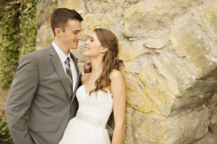 Bride Groom Outdoors Strapless Sweetheart Bridal Gown Embellished Sash Loose Curls Hairstyle Grey Suit Grey Stripe Tie Elegant Classic Outdoor Wedding Washington http://www.courtneybowlden.com/