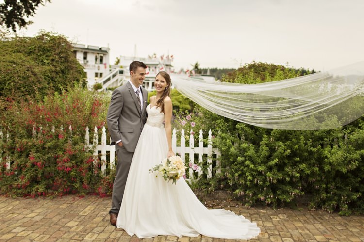 Bride Long Veil Strapless Sweetheart Bridal Gown Groom Grey Suit Grey Stripe Tie Roche Harbor Resort Elegant Classic Outdoor Wedding Washington http://www.courtneybowlden.com/