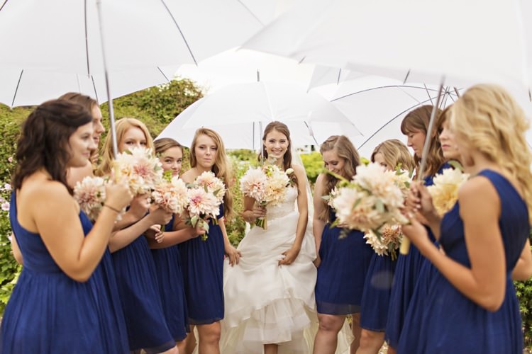 Bride Navy Bridesmaids Bouquet Flowers Peach Pink Dahlia Umbrellas Elegant Classic Outdoor Wedding Washington http://www.courtneybowlden.com/