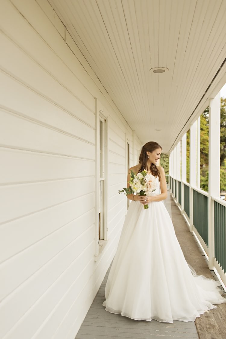 Bride Strapless Sweetheart Bridal Gown Bouquet Peach Pink Dahlia Elegant Classic Outdoor Wedding Washington http://www.courtneybowlden.com/