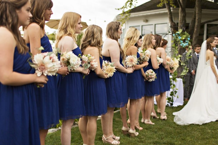 Bridesmaids Navy One Shoulder Dresses Peach Pink Dahlia Bouquets Elegant Classic Outdoor Wedding Washington http://www.courtneybowlden.com/