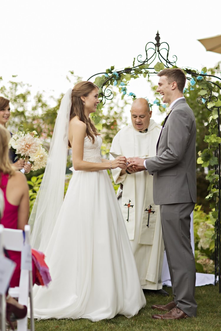 Outdoor Ceremony Arch Greenery Bride Groom Strapless Sweetheart Bridal Gown Veil Grey Suit Elegant Classic Outdoor Wedding Washington http://www.courtneybowlden.com/