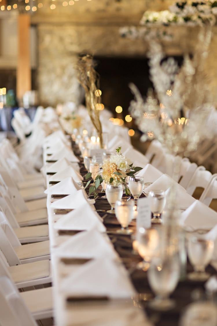 Reception Table Settings Peach White Flowers Candles Fairy Lights Elegant Classic Outdoor Wedding Washington http://www.courtneybowlden.com/
