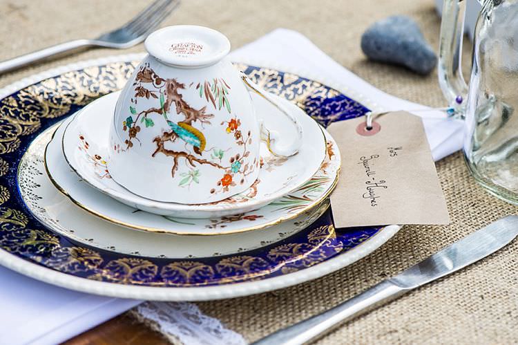 Tea Cup China Place Setting Luggage Tags Hessian Burlap Lace Outdoor Festival Summer Wedding http://lighteningphotography.co.uk/