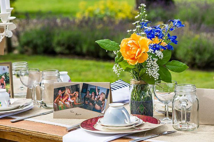 Jar Flowers Yellow Blue Centrepiece Decor Outdoor Festival Summer Wedding http://lighteningphotography.co.uk/