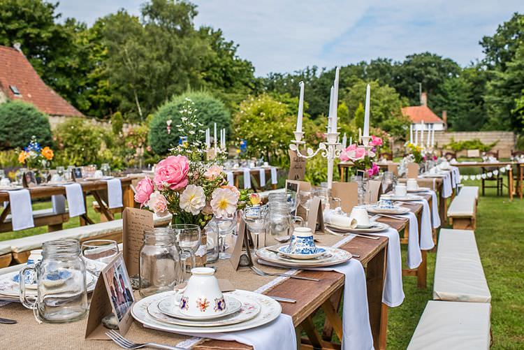 Long Tables Outside Flowers Hessian Candles Burlap Lace China Outdoor Festival Summer Wedding http://lighteningphotography.co.uk/