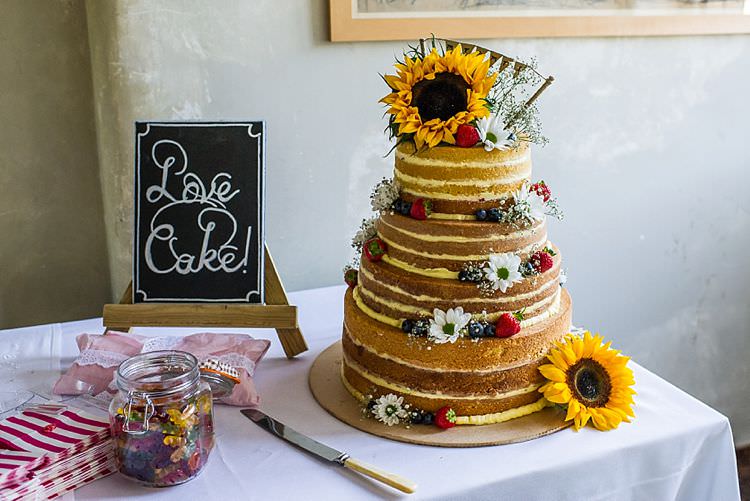 Naked Cake Layer Victoria Sponge Sunflowers Outdoor Festival Summer Wedding http://lighteningphotography.co.uk/