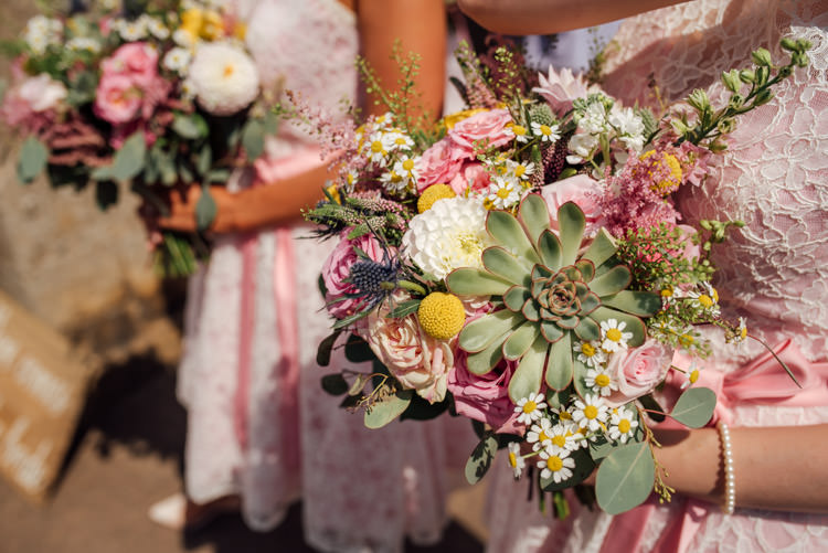 Bridesmaids Yellow Pink Bouquet Flowers Succulents Billy Balls Dahlias Roses Daisies Astilbe Quirky Rustic Hand Made Tipi Wedding http://www.mattbrownphotography.co.uk/