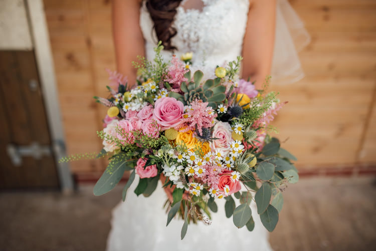 Yellow Pink Bouquet Flowers Succulents Billy Balls Dahlias Roses Daisies Astilbe Bride Bridal Quirky Rustic Hand Made Tipi Wedding http://www.mattbrownphotography.co.uk/