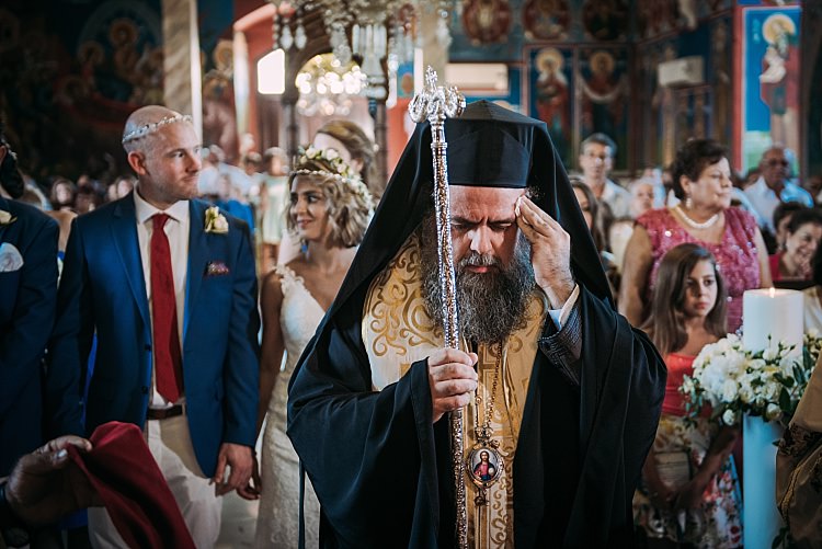 Church Ceremony Groom Bride Stella York Lace Gown Flower Crown Beautiful Traditional Greek Destination Wedding in Cyprus http://www.jonnybarratt.com/