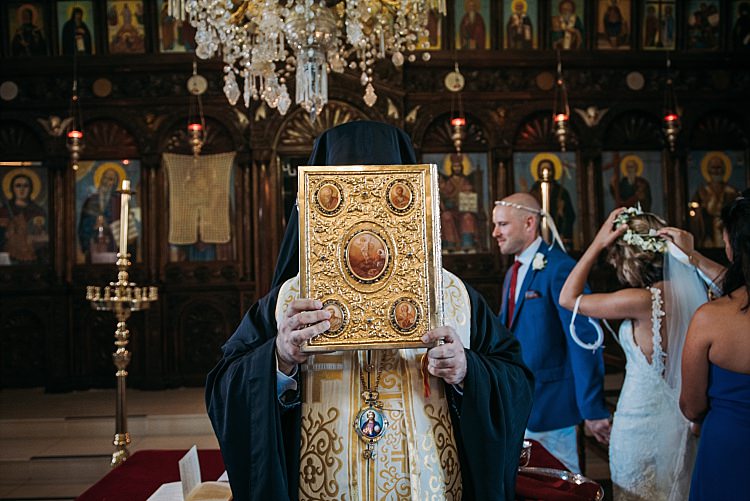 Church Ceremony Groom Bride Stella York Lace Gown Flower Crown Beautiful Traditional Greek Destination Wedding in Cyprus http://www.jonnybarratt.com/