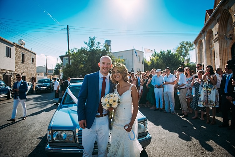 Bride Stella York Lace Gown Flower Crown Bouquet Groom Royal Blue Coat Car Beautiful Traditional Greek Destination Wedding in Cyprus http://www.jonnybarratt.com/