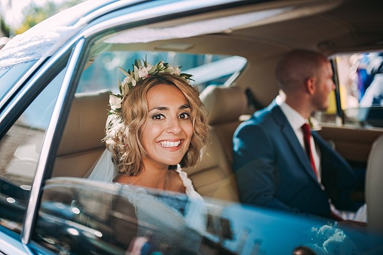 Bride Flower Crown Veil Groom Smile Car Beautiful Traditional Greek Destination Wedding in Cyprus http://www.jonnybarratt.com/