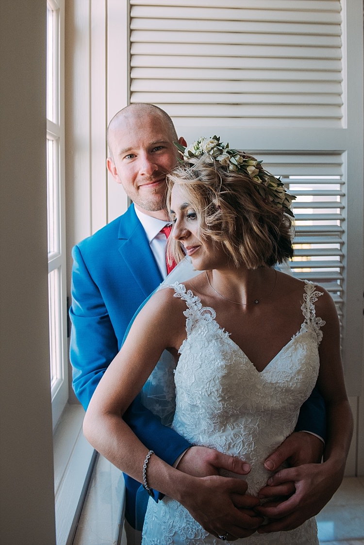 Bride Stella York Lace Gown Flower Crown Groom Royal Blue Coat Red Tie Beautiful Traditional Greek Destination Wedding in Cyprus http://www.jonnybarratt.com/