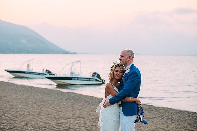 Bride Stella York Lace Gown Badgley Mischka Shoes Groom Royal Blue Coat Ocean Sunset Beautiful Traditional Greek Destination Wedding in Cyprus http://www.jonnybarratt.com/