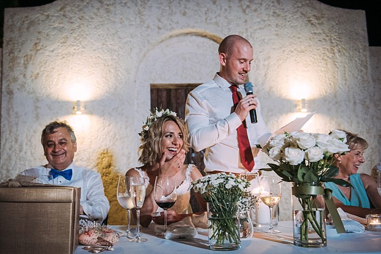 Bride Stella York Lace Gown Flower Crown Groom Speech Reception Beautiful Traditional Greek Destination Wedding in Cyprus http://www.jonnybarratt.com/
