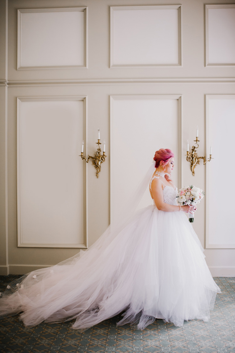 Bride Lauren Elaine Floral Tulle Bridal Gown Bouquet Opulent Pink Gold Victorian Wedding in Seattle http://www.barrieannephotography.com/