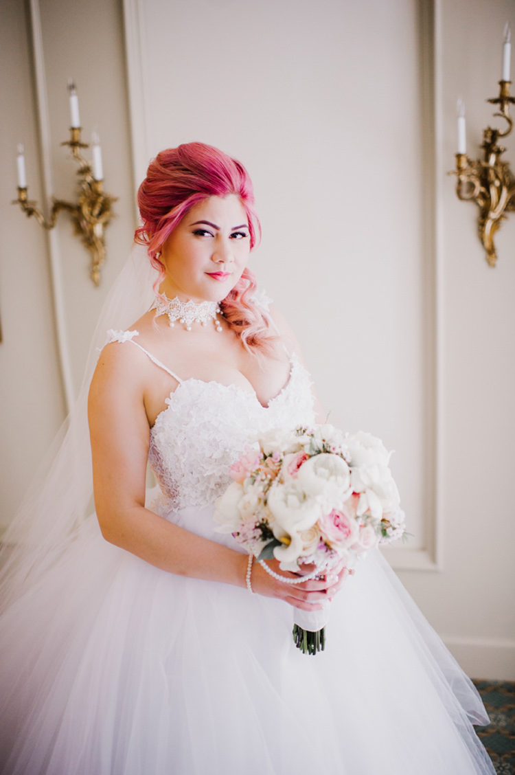 Bride Lauren Elaine Floral Tulle Bridal Gown Bouquet Opulent Pink Gold Victorian Wedding in Seattle http://www.barrieannephotography.com/
