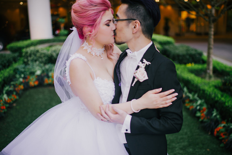Bride Lauren Elaine Floral Tulle Gown Groom Kiss Gardens Opulent Pink Gold Victorian Wedding in Seattle http://www.barrieannephotography.com/