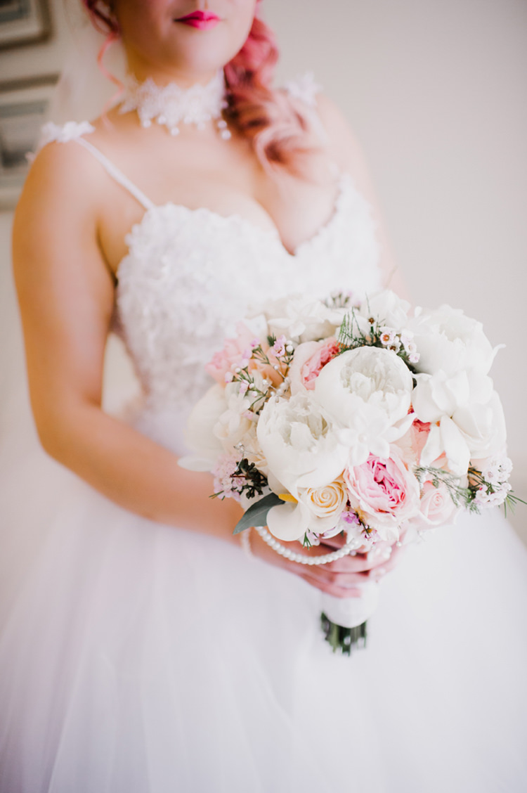 Bride Lauren Elaine Floral Tulle Gown Flowers Peony Rose Wax Flower Bouquet Pearls Opulent Pink Gold Victorian Wedding in Seattle http://www.barrieannephotography.com/