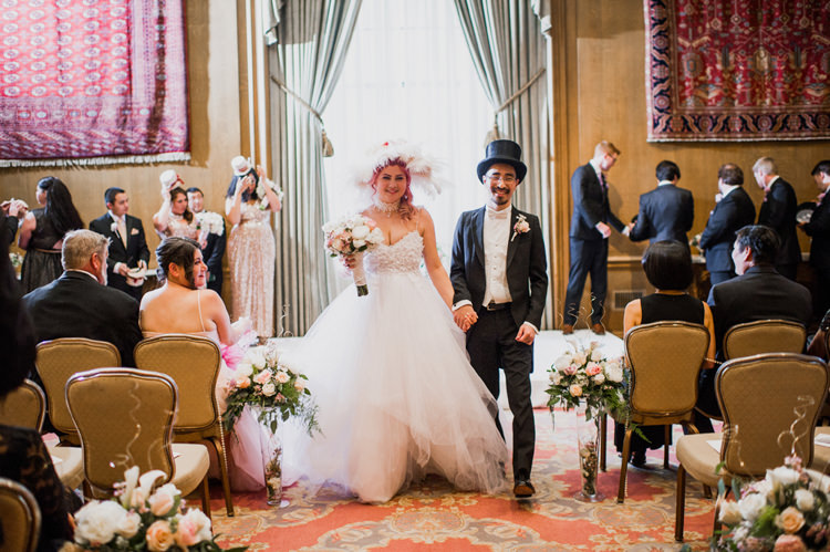 Ceremony Bride Lauren Elaine Floral Tulle Gown Groom Fancy Hats Opulent Pink Gold Victorian Wedding in Seattle http://www.barrieannephotography.com/