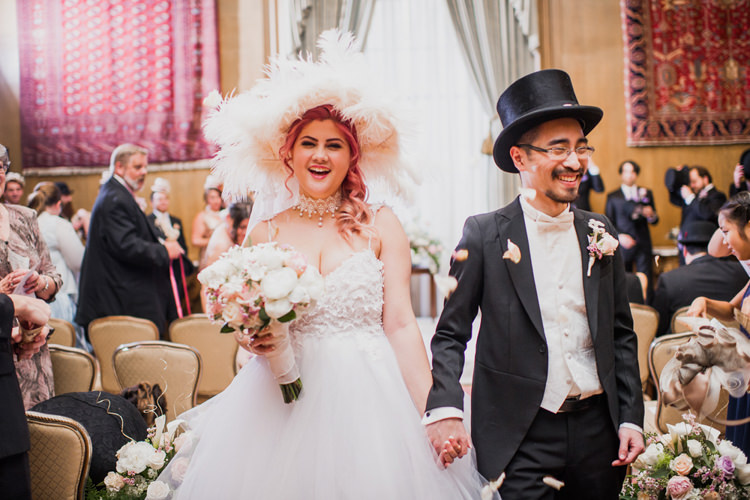 Bride Groom Ceremony Fancy Hats Bouquet Opulent Pink Gold Victorian Wedding in Seattle http://www.barrieannephotography.com/