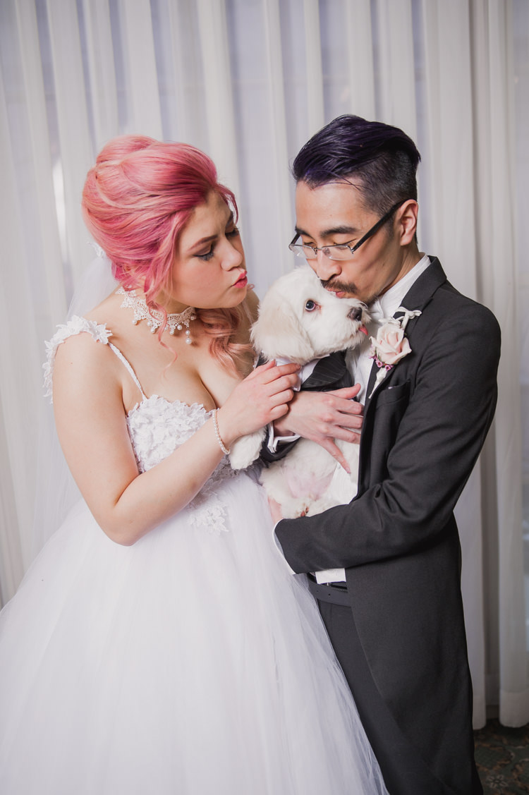 Bride Lauren Elaine Floral Tulle Gown Groom Ring Pup Opulent Pink Gold Victorian Wedding in Seattle http://www.barrieannephotography.com/