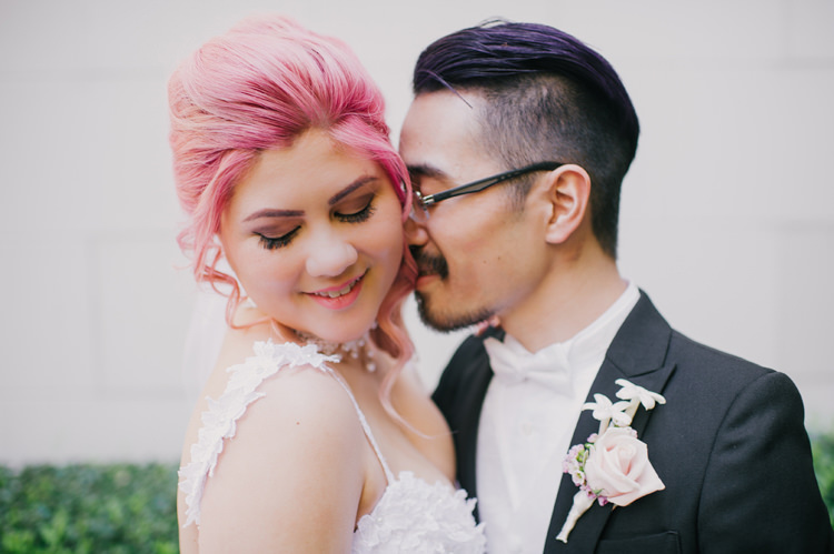 Bride Lauren Elaine Floral Tulle Gown Groom Kiss Opulent Pink Gold Victorian Wedding in Seattle http://www.barrieannephotography.com/