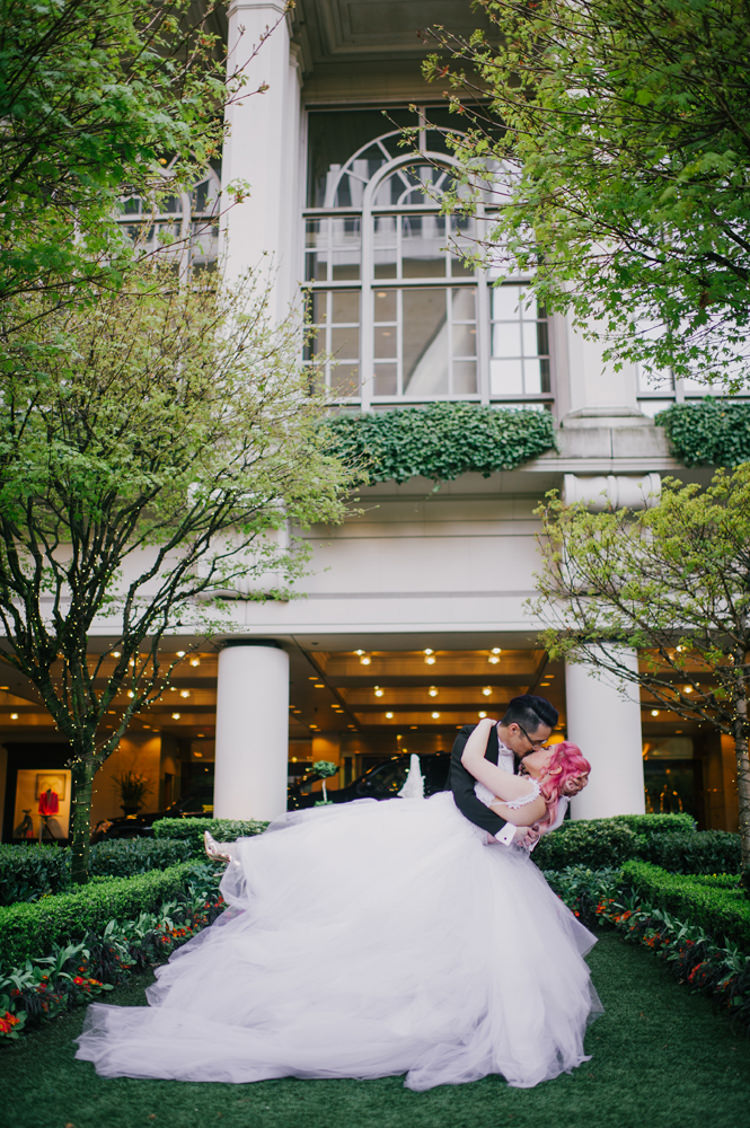 Bride Lauren Elaine Floral Tulle Gown Groom Kiss Fairmont Olympic Hotel Opulent Pink Gold Victorian Wedding in Seattle http://www.barrieannephotography.com/