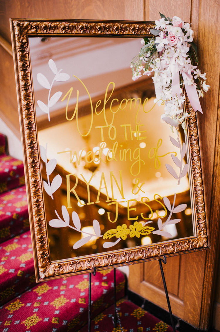 Welcome Sign Mirror Calligraphy Ceremony Flowers Opulent Pink Gold Victorian Wedding in Seattle http://www.barrieannephotography.com/