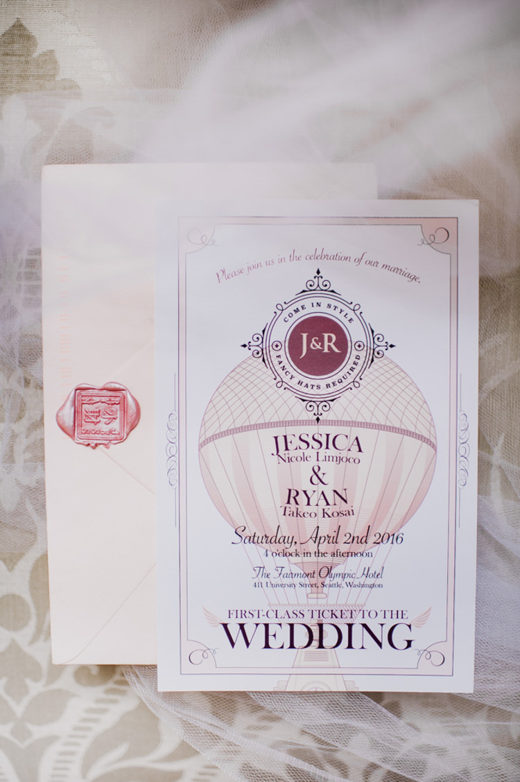 Invitation Stationery Wax Seal Hot Air Balloon Opulent Pink Gold Victorian Wedding in Seattle http://www.barrieannephotography.com/