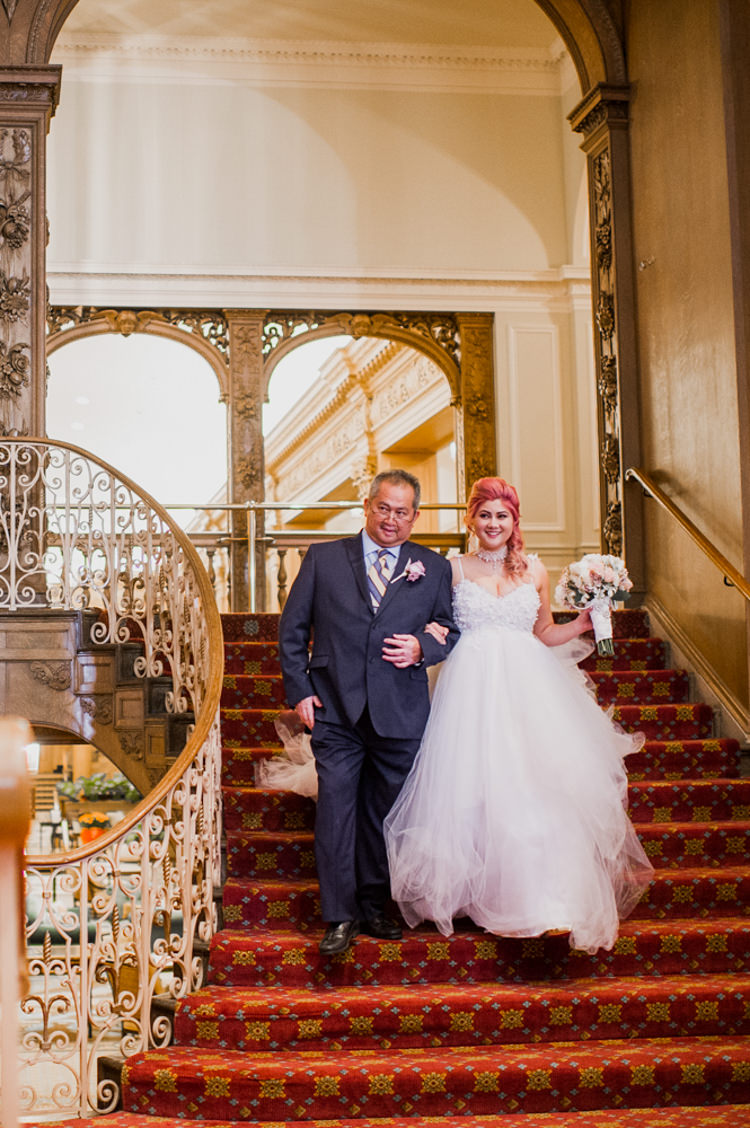 Bride Lauren Elaine Floral Tulle Gown Father Grand Entrance Opulent Pink Gold Victorian Wedding in Seattle http://www.barrieannephotography.com/