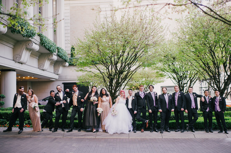 Bride Lauren Elaine Floral Tulle Gown Groom Bridal Party Black Blush Sequins Opulent Pink Gold Victorian Wedding in Seattle http://www.barrieannephotography.com/