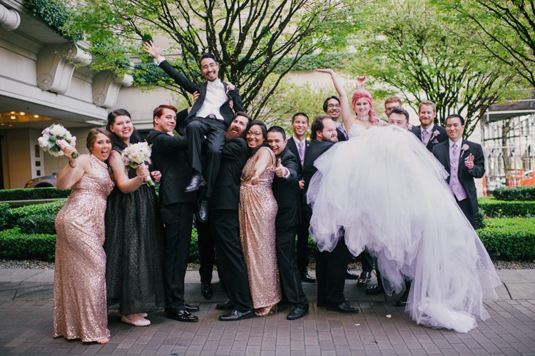 Bride Lauren Elaine Floral Tulle Gown Groom Bridal Party Black Blush Sequins Opulent Pink Gold Victorian Wedding in Seattle http://www.barrieannephotography.com/