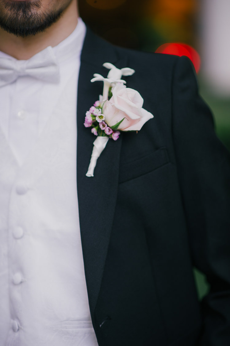 Groom Boutonniere Black Suit White Bowtie Opulent Pink Gold Victorian Wedding in Seattle http://www.barrieannephotography.com/