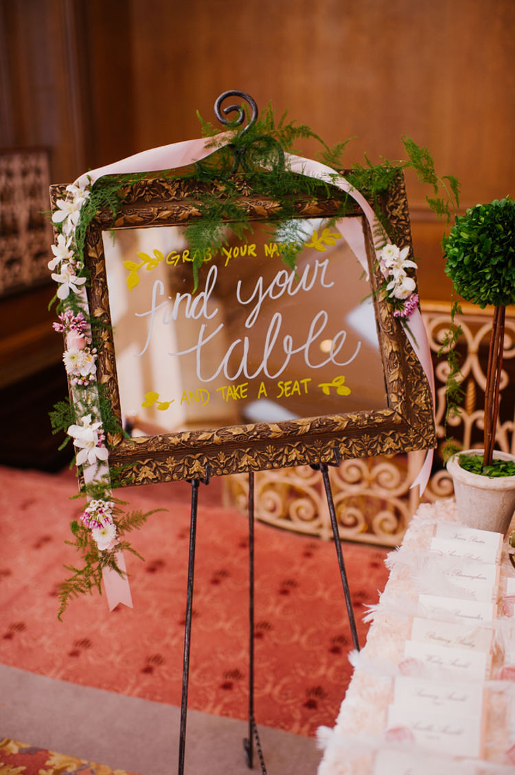 Reception Mirror Calligraphy Table Sign Flowers Opulent Pink Gold Victorian Wedding in Seattle http://www.barrieannephotography.com/