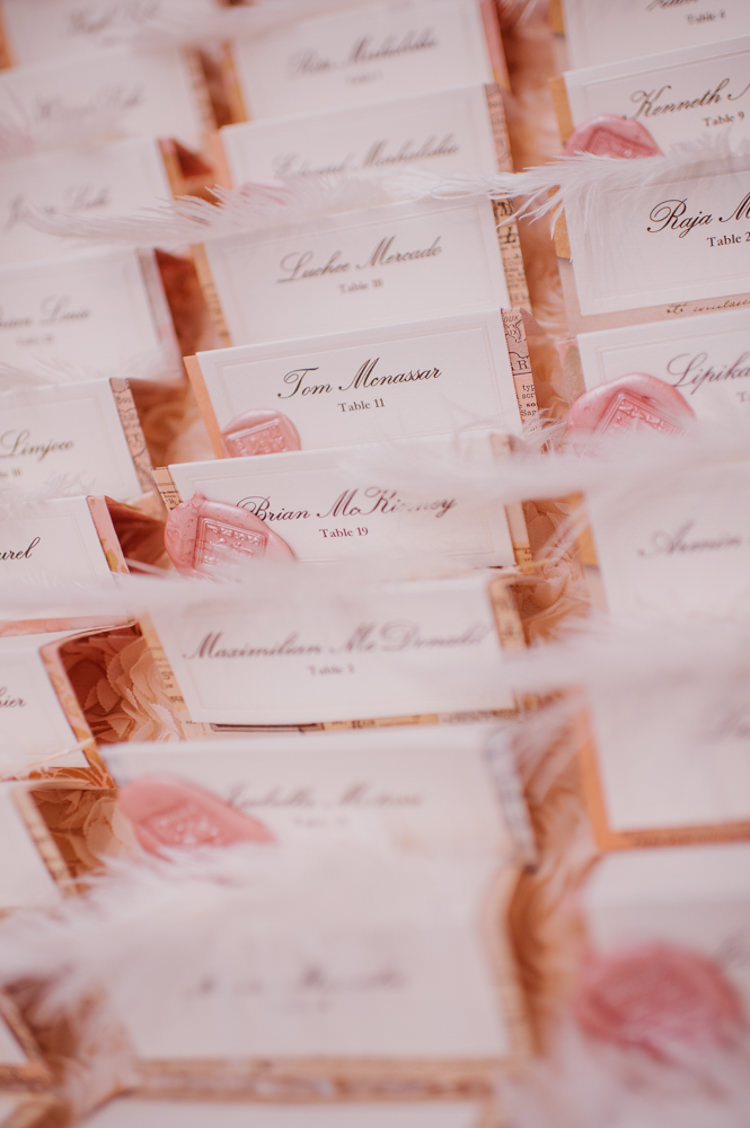 Reception Place Cards Feather Wax Seal Opulent Pink Gold Victorian Wedding in Seattle http://www.barrieannephotography.com/