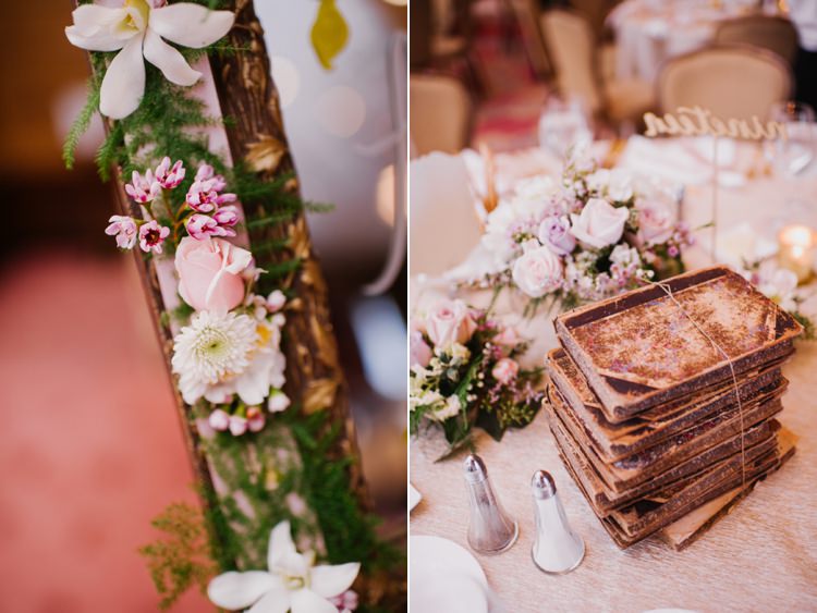 Mirror Sign Flowers Table Setting Vintage Books Opulent Pink Gold Victorian Wedding in Seattle http://www.barrieannephotography.com/