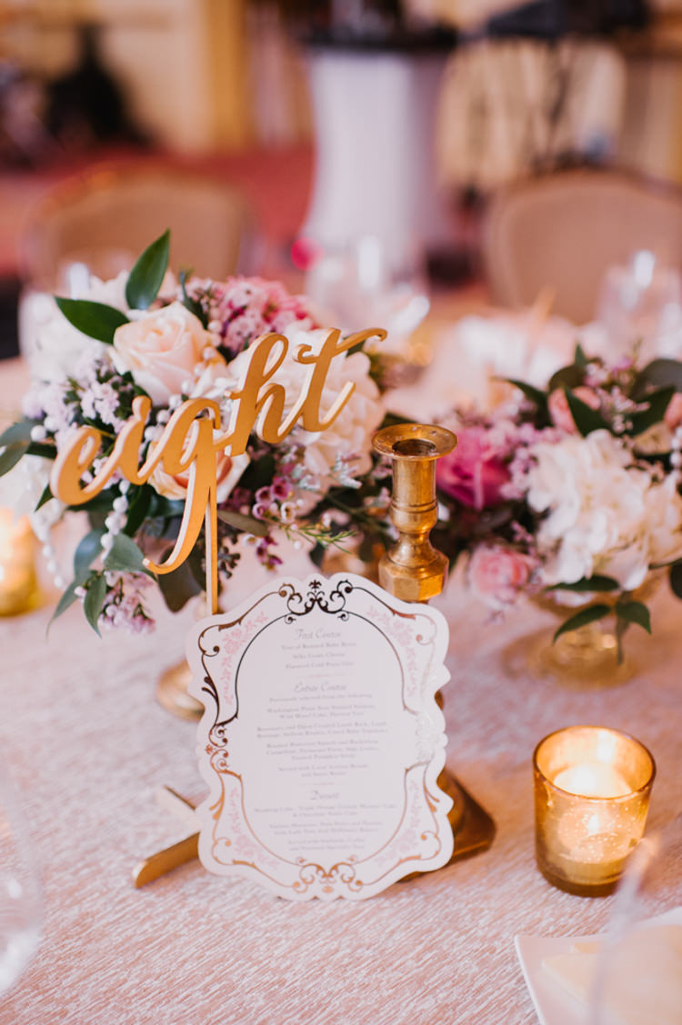 Reception Table Setting Flowers Candles Stationery Opulent Pink Gold Victorian Wedding in Seattle http://www.barrieannephotography.com/