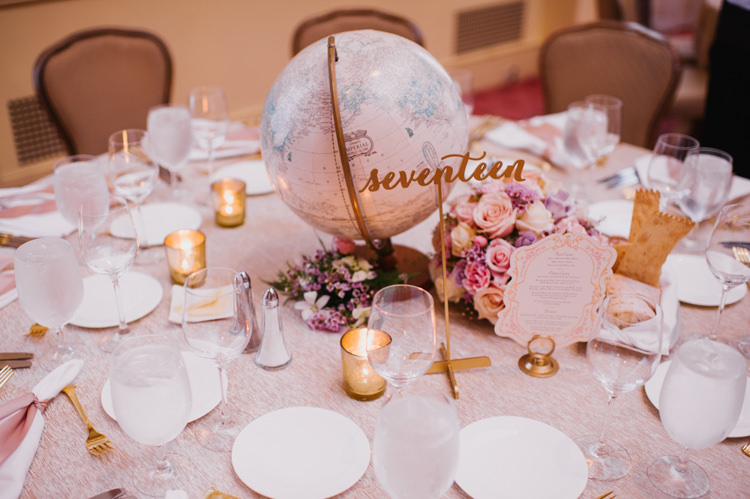 Reception Table Setting Candles Globe Flowers Opulent Pink Gold Victorian Wedding in Seattle http://www.barrieannephotography.com/