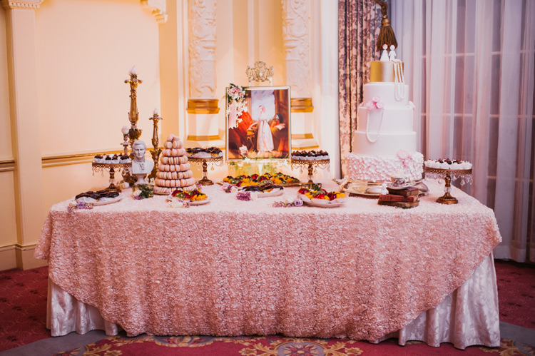 Reception Dessert Table Wedding Cake Opulent Pink Gold Victorian Wedding in Seattle http://www.barrieannephotography.com/