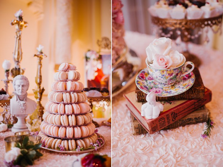 Reception Dessert Table French Macarons Teacup Vintage Books Opulent Pink Gold Victorian Wedding in Seattle http://www.barrieannephotography.com/