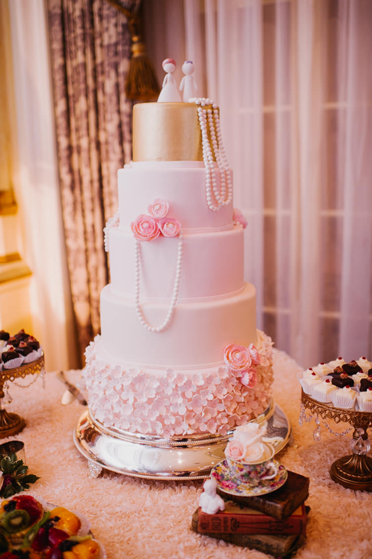 Wedding Cake Pearls Flowers Desserts Opulent Pink Gold Victorian Wedding in Seattle http://www.barrieannephotography.com/