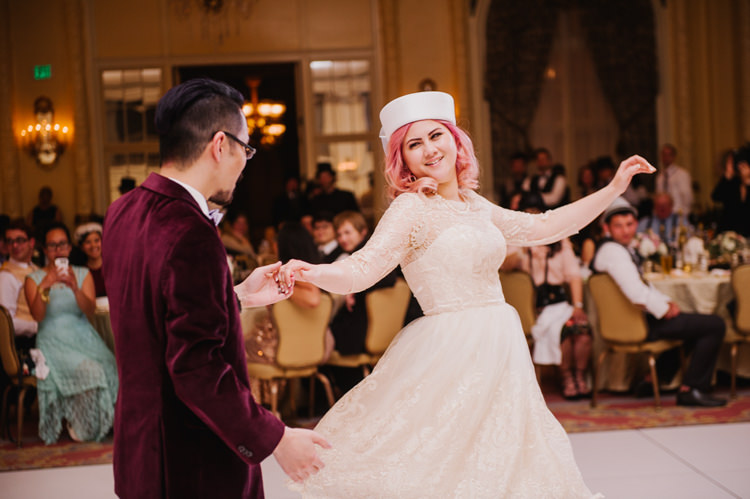 Bride Hat Sleeved Lace Gown Groom Maroon Velvet Jacket First Dance Opulent Pink Gold Victorian Wedding in Seattle http://www.barrieannephotography.com/